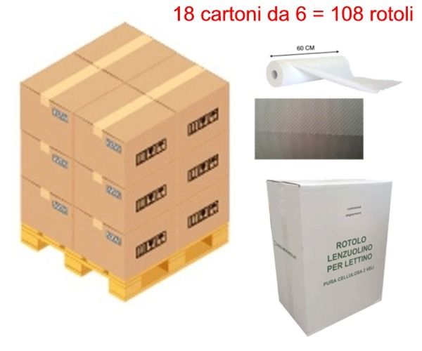 Lenzuolino carta lettino rotolo microincollato pura cellulosa h cm 60 due veli microincollati 108 rotoli 18 cartoni