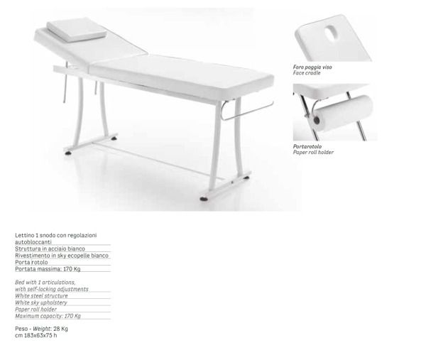 Lettino 1 snodo acciaio bianco Rivestimento ecopelle bianco Porta rotolo e foro viso  cm 183x63x75h ...