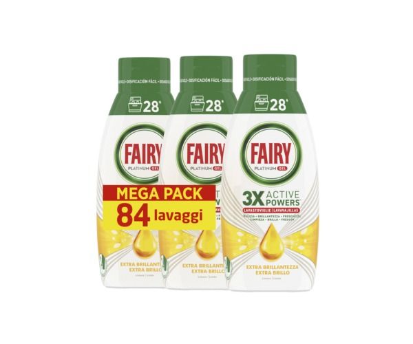 FAIRY PLATINUM GEL LAVASOVIGLIE 3 X ACTIVE POWERS EXTRA BLILLANTEZZA 28 LAVAGGI 504 ML x 3 PEZZI